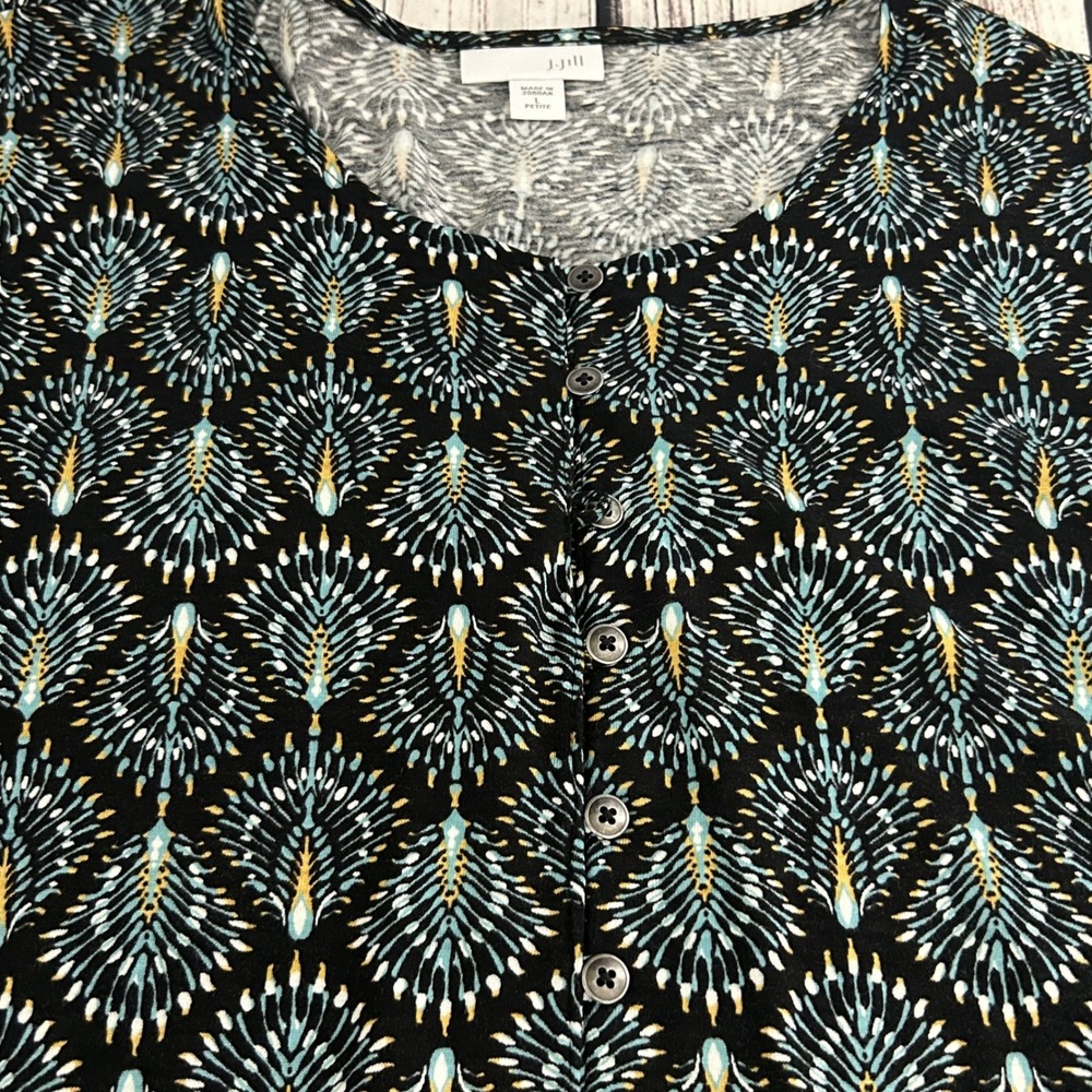J. Jill Petite Large Peacock Print Henley Tunic Top Teal Black 3/4 Sleeve Rayon - Picture 4 of 10